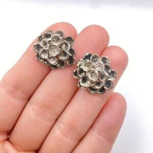 Vtg Signed (M) Sterling Silver Brutalist Floral 3D Flower Pierced Stud Earrings